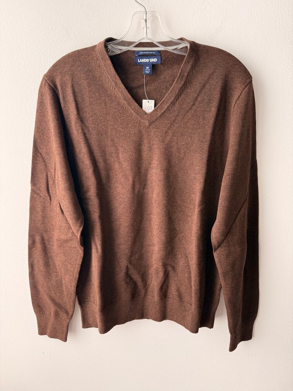 Lands End Mens Brown V-Neck Sweater Supima Cotton Retro Preppy Grunge Knit Top M
